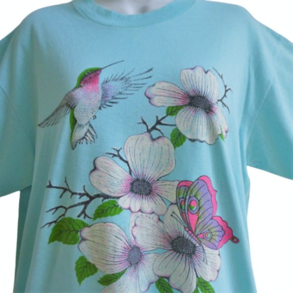 Singlestich Vintage Tee T-Shirt Blue Hummingbird Butterfly Flowers Nature L